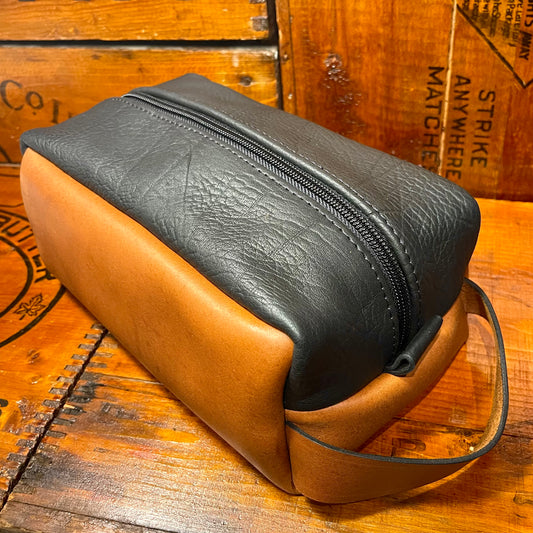 Two-Tone Horween + Bison Leather Dopp. Bag with Japanese Kimono Silk